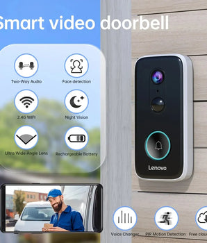 Lenovo 2K HD Wireless Doorbell Camera,Smart Video Doorbell Home Lntercom HD Night Vision 2.4GWIFI Rechargeable Security Doorbell