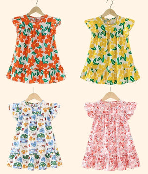 Girl Dresses100% Cotton Children's Clothing Summer Kids Clothes Girls Party Princess Fashion Outfit Flower Pattern Beach Dresses