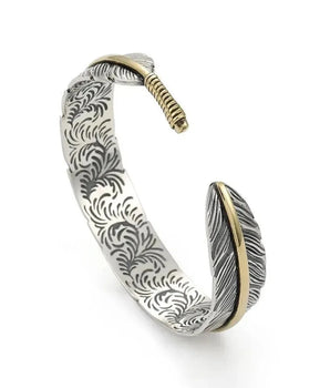 Vintage Carved Pattern Feather Bangle Bracelet Creative Design Opening Adjustable Men and Women's Models