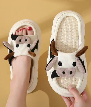 Four Seasons Universal Indoor Home Cotton Linen Sandals Cute Cartoon Cow Linen Slippers Non-slip