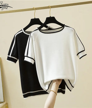 Casual Thin Knitted T-Shirt Camisetas Mujer Summer Short Sleeve Tops Elegant Woman Clothes Striped Fashion Tee Shirt Femme 18841