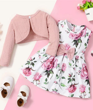 0-3 Years Toddler Baby Girl 2PCS Dress Set Plain Color Ribbed Overcoat+Floral Sleeveless Dress Fashion Lovely Style Party Wear