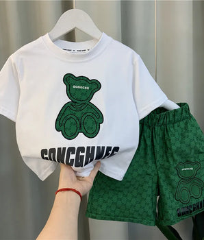 Summer Baby Girl Clothes Kid Boy Cartoon Bear T-Shirts Pants Suit Children Short Sleeve Top and Bottom 2 Pieces Set