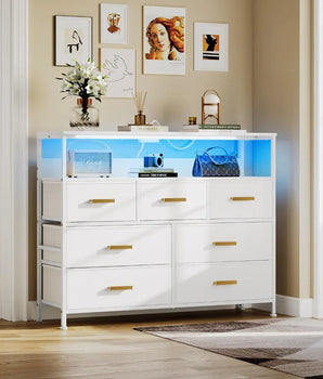 Dresser for Bedroom Dresser TV Cabinet With LED Lights and Power Socket Chest of Drawers TV Up to 45 Inches Furniture Home